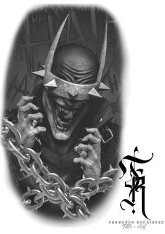 a black and white drawing of a demonic clown with chains around his neck, holding two hands up to his face