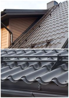 two different views of the roof and side of a house with metal guttering