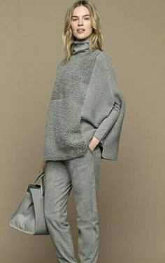 All Grey Outfit, Concept Clothing, Grey Outfit, Fashionista Clothes, Fashion Attire, Knitted Poncho, Knit Fashion, Womens Fashion Trends, Upcycle Clothes