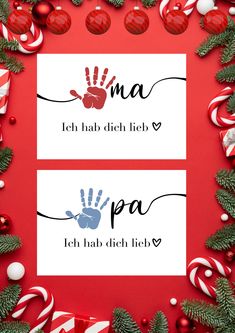 two christmas cards with hand prints and candy canes around them on a red background