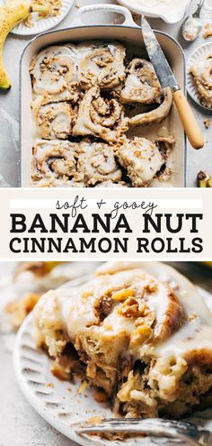 banana nut cinnamon rolls on a white plate