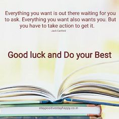 an open book with the words good luck and do your best on top of it