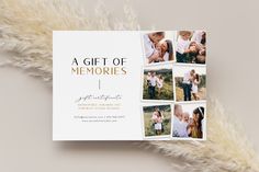 a gift of memories book with photos on the front and back cover, surrounded by fluffy white feathers