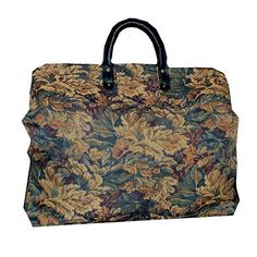 Unisex tapestry carpet bag featuring camel & soft gold colored leaves with touches of burgundy on a hunter green background.Ready to ship in 5 business daysThe tapestry fabric covers a spring-loaded steel frame which snaps open for easy access. A magnetized fabric flap closure adds the finishing touch. Bags are fully lined. At the bottom of each you'll find a lightweight board, providing stability between the fabric layers. Each bag sits on six brass feet to protect the fabric when the bag i Gold Tapestry Rectangular Bag, Brown Tapestry Travel Bag, Brown Tapestry Travel Satchel, Brown Tapestry Bag With Top Carry Handle, Brown Tapestry Satchel For Travel, Vintage Brown Tapestry Satchel, Rectangular Tapestry Travel Bag, Travel Tapestry Tote Satchel, Tapestry Tote Satchel For Travel