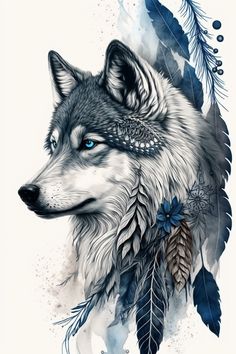 a drawing of a wolf with feathers on it