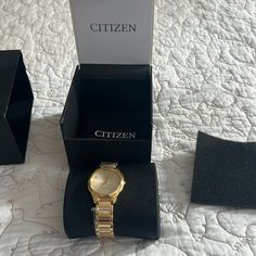 Nwt Gold Citizen Watch Comes With Original Box And Tags Elegant Watches With Box Clasp, Elegant Analog Watches For Wedding, Timeless Watches With Box Clasp For Gift, Timeless Watches With Box Clasp As Gift, Yellow Gold Analog Watch For Gift, Yellow Gold Watch Accessories For Gift, Elegant Analog Watch Accessories For Gift, Modern Analog Jewelry And Watches For Gift, Yellow Gold Analog Jewelry And Watches As Gift