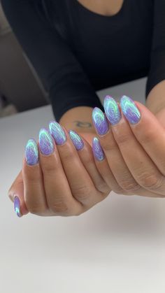 Purple and aqua mermaid manicure Mermaid Purple Nails, Lavender Mermaid Nails, Iridescent Purple Nails, Simple Mermaid Nails, Purple And Turquoise Nails, Purple Mermaid Nails, Purple And Teal Nails, Mermaid Chrome Nails, Mermaid Manicure