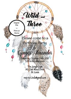 a birthday party flyer with an image of a dream catcher and beads on the front