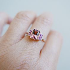 Charlotte Radiant Pink Tourmaline and Sapphire Ring, emerald cut bezel 3 stone ring, three stone wedding ring, classic engagement ring