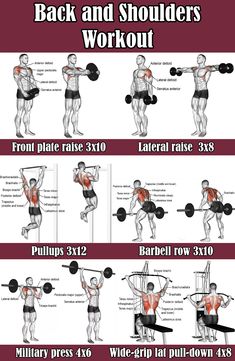 the back and shoulders workout chart shows how to do an overhead barbell squat exercise