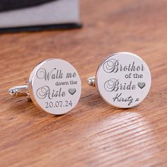 Personalise these Walk me down the aisle cufflinks with the date of the wedding and the Bride's Name.  Sure to be a sentimental and emotional gift for whoever is walking you down the aisle on the big day! Supplied in a smart cufflink case. High quality silver finish round cufflinks - please note these cufflinks are made from a quality base metal (copper) and plated with Rhodium to give the very best tarnish free engraving finish - they are not Stainless Steel. We can be contacted via Etsy Message or e-mail  (our email address is shown in the Add your personalisation section) Emotional Gifts, Usher Gifts, Wedding Cufflinks Groom, I Loved You First, Wedding Cuff Links, Groom Cufflinks, Engraved Cufflinks, Wedding Cuff, Wedding Cufflinks