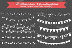 christmas lights and decoration strings in white on a black background with red ribbon around the edges