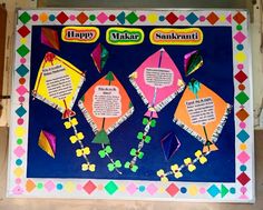 a bulletin board with colorful kites and words written on the front, below it