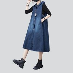 Introducing the 2023 Autumn Collection's Sleeveless Hooded Women's Denim Coat ââ‚?90s Style ââ‚?a timeless piece that exudes a unique blend of retro elegance and raw grunginess!Distinctive Features: 90s Rock-n-roll-Inspired: Referencing the iconic '90s style. this denim coat is all about rebelliousness and sophistication. rolled into one. Medium Wash: Perfectly balanced between light and dark. it adds a subtle edge to your look. Long & Flowy: Silhouette to a longer length. this coat is designed Sleeveless Cotton Denim Dress For Fall, Fall Sleeveless Denim Dress With Pockets, Winter Cotton Denim Dress With Pockets, Sleeveless Denim Dress In Denim Blue For Fall, Spring Denim Vest For Streetwear, Washed Denim Vest For Streetwear, Back To The 90s, Denim Coat Women, Denim Clothing