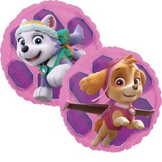 two pink foil plates with the characters of paw patrol on them, one has a dog and another has a snowman