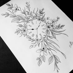 a drawing of a clock with flowers and leaves on it's face is shown