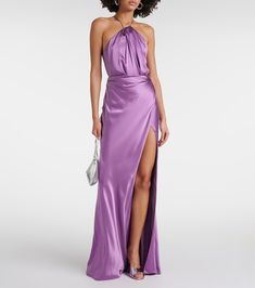 Asymmetric silk gown in purple - The Sei | Mytheresa Pre-draped Floor-length Satin Maxi Dress, Pre-draped Floor-length Silk Dress For Gala, Pre-draped Satin Maxi Dress For Gala, Luxury Satin Long Gown, Formal Silk Maxi Gown, Pre-draped Silk Evening Maxi Dress, Formal Silk Gown With Sweep Train, Silk Maxi Length Evening Dress For Gala, Silk Maxi Evening Dress For Gala