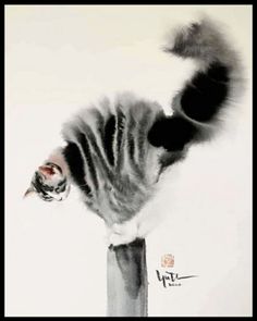 a black and white photo of a cat on top of a pole with it's tail in the air