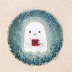 a painting of a white ghost holding a red cup in its mouth with green foliage around it