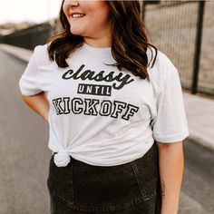 Look like a winner in this classy, football-themed graphic tee! With its super soft fabric and cool color palette, you'll be the best dressed fan on game day. Perfect for those who don't take themselves too seriously! Score a touchdown in style! Classy Until Kickoff, Funny Football Shirts, Online Icon, Cool Color Palette, Funny Football, Football Funny, Heather White, Best Dressed, Football Shirt