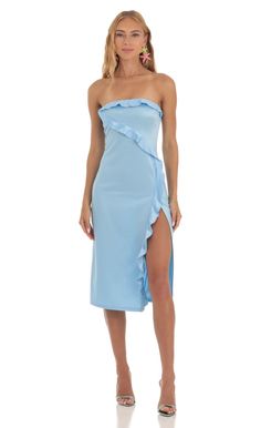 Annabel Satin Strapless Midi Dress in Blue | LUCY IN THE SKY Short Blue Dress Formal, Middy Dress, Cabo Outfits, Light Blue Midi Dress, Midi Wedding Dress, Blue Dress Short, Lucy In The Sky, Blue Dress Formal, Semi Formal Dress