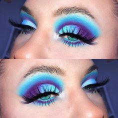 Eyeshows Looks Colorful, Colorful Halloween Makeup Looks, Teal And Purple Eyeshadow Looks, Stitch Makeup Look, Colorful Make Up, Fun Eye Makeup Looks, Cool Eye Makeup Looks, Themed Makeup Looks, Bright Colorful Eye Makeup