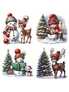 four snowmen and two reindeers with christmas trees