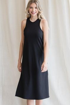 SLIM FITTING RIBBED SLEEVELESS MIDI DRESS WITH SIDE SLITS-Black – Mota Boutique Sleeveless Midi Dress, Midi Dress Sleeveless, Racer Back, Stretchy Material, Halter Dress, Little Black Dress, Midi Dress, Summer Dresses, Boutique