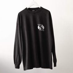 Yin Yang Longsleeve Black Wash with logo prints on the front and back and left arm. Oversized fit, tonal seams.  Made in Portugal Garment Dyed 220GSM Drop shoulders