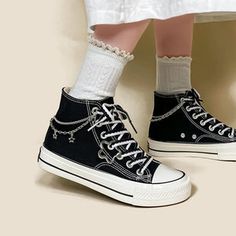 Starry Night Black High Top Canvas Shoes - Women's - Bobo's House Women Sneakers Fashion, Japanese Korean Fashion, Black Canvas Shoes, Aesthetic Clothing Stores, Crop Pullover, Dr Shoes, Kawaii Shoes, Platform High Heel Shoes, Star Chain