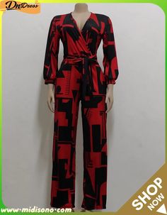 Autumn Red Print V-neck Elegant Wrap Jumpsuit Red Jumpsuit For Workwear In Fall, Red Jumpsuit For Work In Fall, Red Jumpsuits And Rompers For Work In Fall, Red Fitted V-neck Jumpsuit, Casual Red V-neck Jumpsuits And Rompers, Red Long Sleeve Jumpsuits And Rompers For Fall, Red Long Sleeve Jumpsuits For Summer, Casual Red V-neck Jumpsuit, Red Long Sleeve Jumpsuits And Rompers For Summer