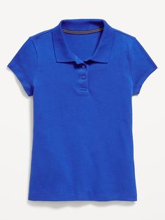 Uniform Pique Polo Shirt for Girls | Old Navy Blue Collared T-shirt With Ribbed Collar, Blue Short Sleeve Tops With Ribbed Collar, Blue Short Sleeve Top With Ribbed Collar, Casual Short Sleeve Polo Shirt With Buttons, Cotton T-shirt With Seamless Collar And Short Sleeves, Classic Short Sleeve Button T-shirt, Solid Color Polo Collar Top With Buttons, Fitted Short Sleeve Shirt With Ribbed Collar, Fitted Shirt With Ribbed Collar And Short Sleeves