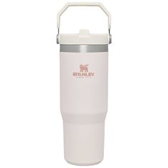 the white insulated tumbler is shown with an aluminum handle and stainless steel lid