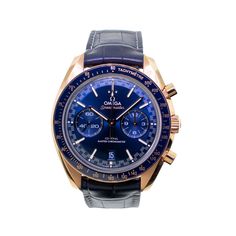 Description Guaranteed Authentic Omega Speedmaster Racing Chronograph watch with a 44.25 mm Rose Gold case, a Blue Index Dial. Rose Gold case is complemented by a blue ceramic bezel and presented on a blue leather strap. This fine timepiece is Water resistant up to 50 meters. There is a distinctive racing style minute-track which gives the watch its name. There are also two blued subdials as well as a 6 o’clock date window that blends with the color of the dial. This watch is unworn, brand new. It comes with a Two Years Warranty from Da Vinci Fine Jewelry, Inc., a Omega box, Omega Papers, and certified retail appraisal from Da Vinci Fine Jewelry. Details BRAND Omega COLLECTIONS Speedmaster Racing Model 329.53.44.51.03.001 MOVEMENT Automatic SIZE 44.25mm CASE MATERIAL 18K Rose Gold BEZEL Bl Luxury Blue Watches For Business, Blue Leather Chronograph Watch With Tachymeter, Blue Leather Chronograph Watch With Subdials, Luxury Blue Chronograph Watch With Subdials, Luxury Blue Chronometer Watch, Luxury Blue Chronograph Watch, Luxury Blue Chronograph Watch With Round Dial, Luxury Blue Chronograph Watch For Formal Occasions, Blue Leather Chronograph Watch For Formal Occasions