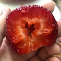 a close up of a person holding a piece of fruit