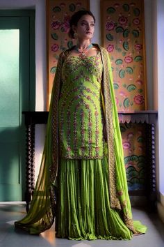 Lime green kurta with sequin, cutdana, bead, thread embroidery in chevron pattern. Paired with sharara and dupatta. - Aza Fashions Fitted Green Sharara With Cutdana, Fitted Green Palazzo Set With Zari Work, Fitted Green Palazzo Set With Mirror Work, Fitted Green Sharara For Reception, Green Dori Work Dresses, Fitted Green Palazzo Set For Designer Wear, Green Dresses With Dori Work, Green Palazzo Set For Wedding And Festivals, Fitted Green Sharara With Traditional Drape