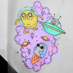 an image of a cartoon character on a white shirt with space and planets around it