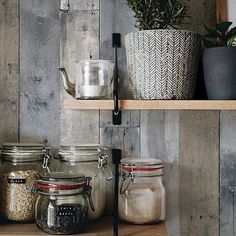 some jars are sitting on a shelf next to a potted plant and other items