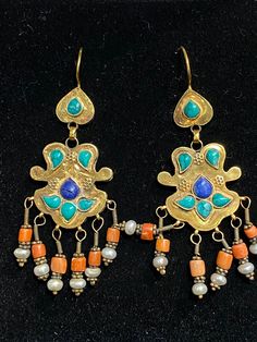 Beautiful Unique tribal gold earring with turquoise and Lapis lazuli 16k Traditional Yellow Gold Multi-stone Earrings, Traditional Blue Brass Jewelry, Unique Blue Jewelry For Ceremonial Occasion, Unique Blue Ceremonial Jewelry, Traditional Turquoise Gemstone Earrings, Traditional Turquoise Earrings With Natural Stones, Traditional Gold Multi-stone Earrings, Traditional Blue Brass Earrings, Bohemian Yellow Gold Earrings With Gemstone