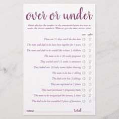 a pink and white checklist with the words over or under written in purple ink