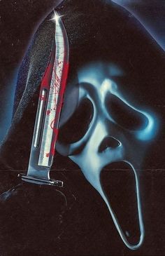 a movie poster with a knife sticking out of it's mouth and a mask on top