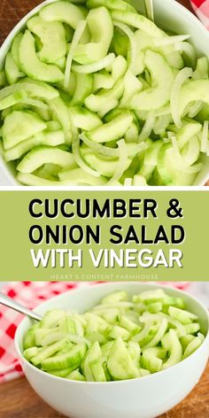 cucumber and onion salad with vinegar in a white bowl on a wooden table