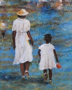 an oil painting of two women in white dresses walking through the water with boats behind them