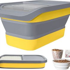 the yellow and gray food container is next to two bowls with cereal in them,