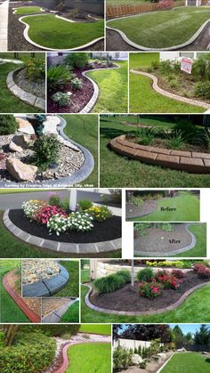 various pictures of different types of landscaping in the same area, including grass and flowers