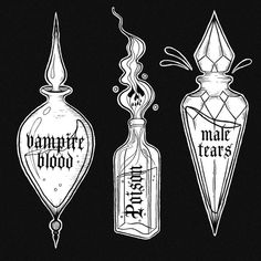 three bottles with writing on them are shown in black and white