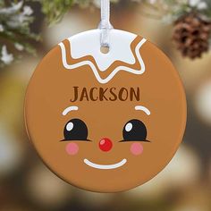 a personalized christmas ornament hanging from a tree