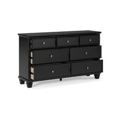 a black dresser with four drawers and two white knobs on the bottom, in front of a white background