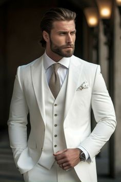 White Wedding Suits For Men, Custom Suits Men, Stylish Mens Suits, Mens Wedding Attire, White Elegance