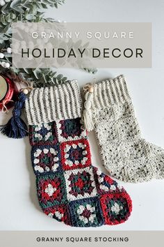 two crocheted christmas stockings with text overlay that reads granny square holiday stocking